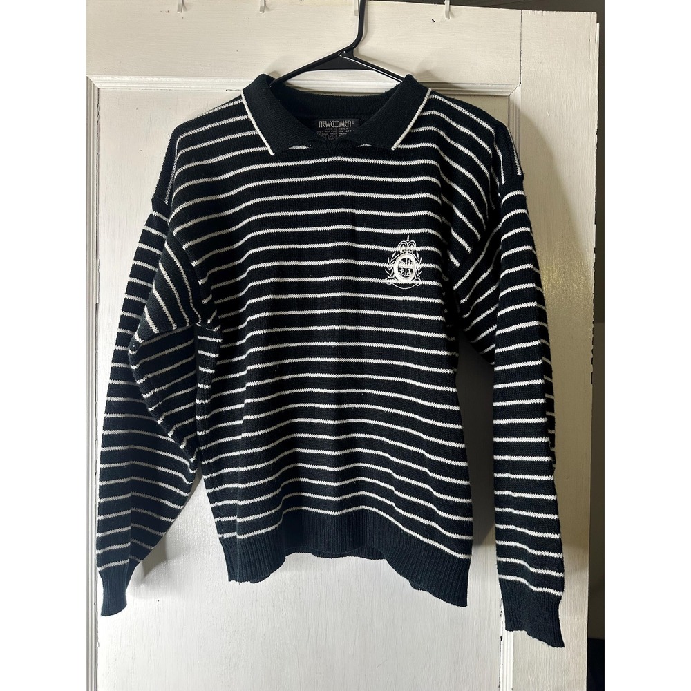 Vintage Newcomer Black White Striped Collared Sweater Womens Large Crest Logo